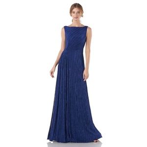 NWT Kay Unger Contessa Sapphire Blue PLISSE SLEEVELESS BOAT NECK GOWN PLEAT SASH